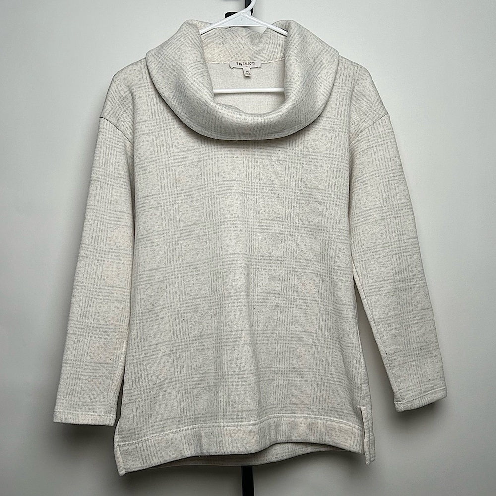 T by Talbots women’s fleece cowl neck sweater, cream and grey color, size MP